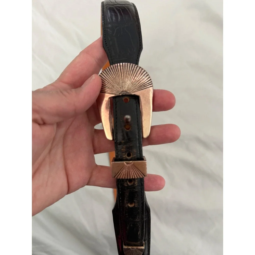 Onyx Leather Belt Size 36 Black Western Sunburst Buckle Vintage Rodeo